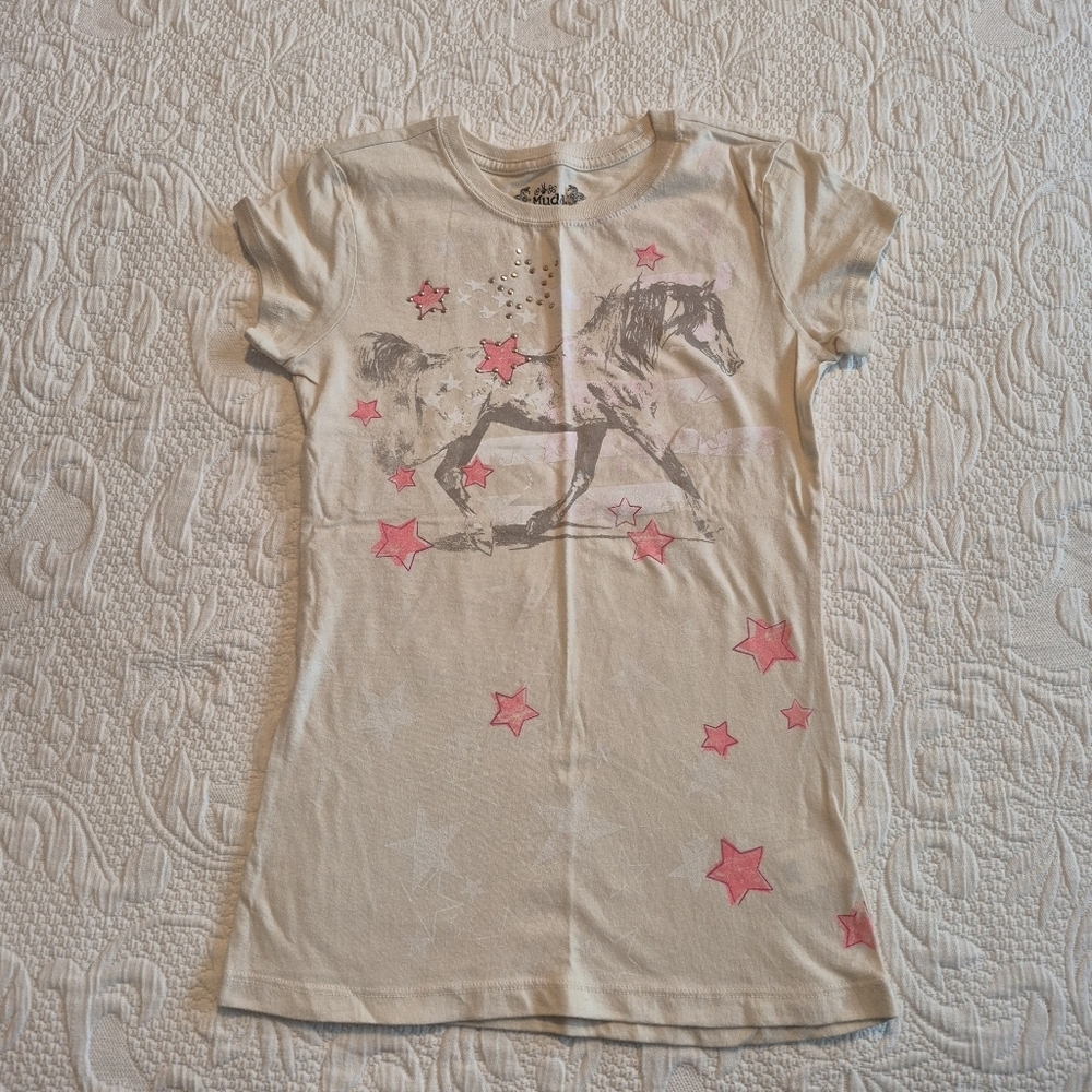 Mudd girls size 14 or Large light tan horse designed short sleeve shirt VGUC